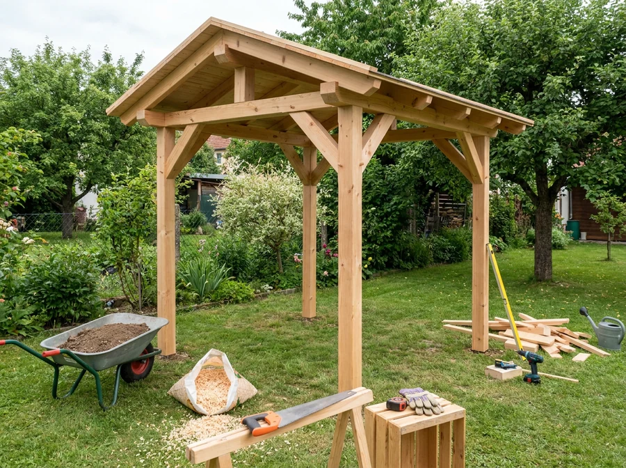Nová dřevěná pergola se stříškou na zahradě